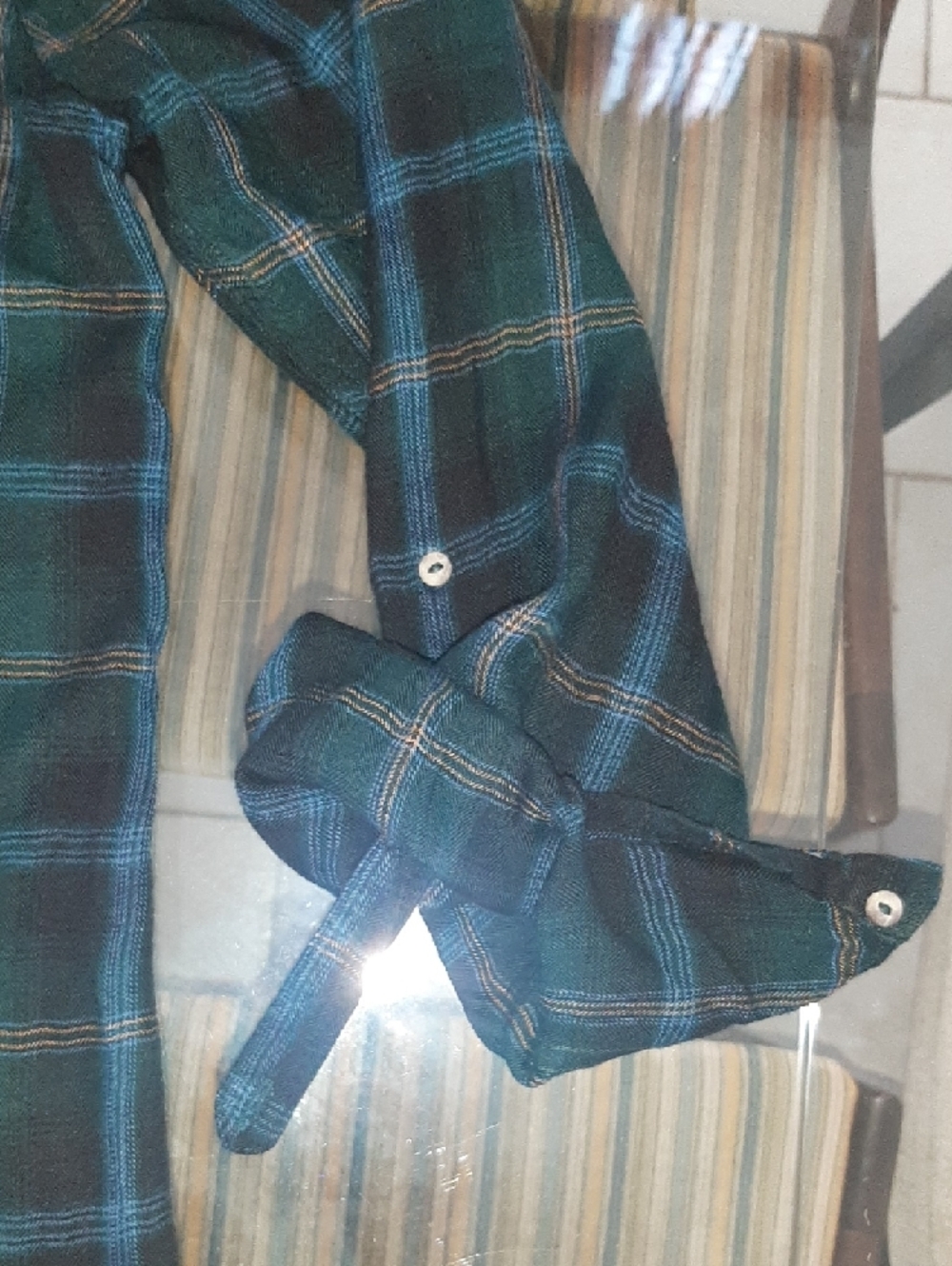 HARLOW๐Relaxed Plaid Shirt Dress in Dark Green & Navy SO SOFT, Tab Sleeves Sz L - Picture 8 of 10